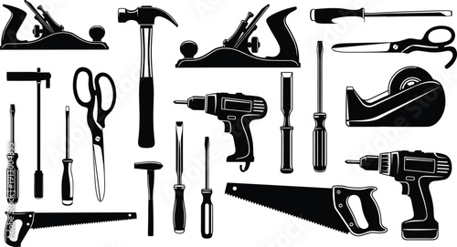 Hand tool silhouette collection, woodworking equipment vector, hammer icon design, screwdriver illustration art, scissors graphic, drill symbol, saw blade, office supply set