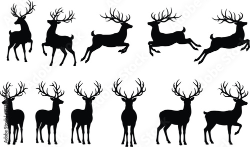 Deer silhouette collection with jumping running standing stag poses isolated on white background wildlife vector illustration set