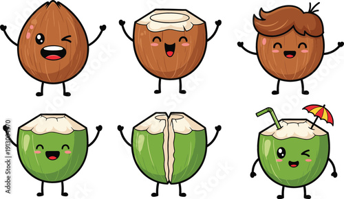 Cute Cartoon Coconut Characters Vector Set with Funny Expressions for Tropical Food Branding, Summer Designs, Stickers, and Playful Graphic Projects