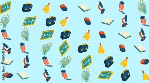 Displays school items such as books, microscopes, and erasers. Ideal for educational concepts in presentations, websites, and schoolrelated designs.