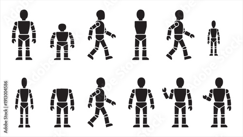 Set of robot body icons in various poses, full length android characters isolated on white background