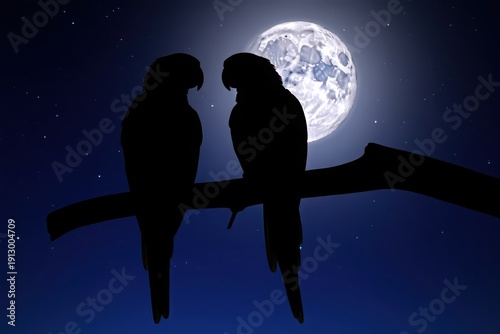 Two parrots perched together under the luminous night sky with a full moon.
