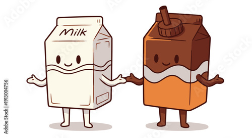 Cartoon milk and chocolate milk carton characters standing together with smiling faces and arms outstretched in a friendly gesture.