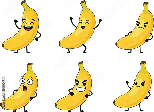Cute Cartoon Banana Characters Vector Set with Funny Expressions and Poses for Kids Illustrations, Stickers, Food Branding, and Playful Design Projects