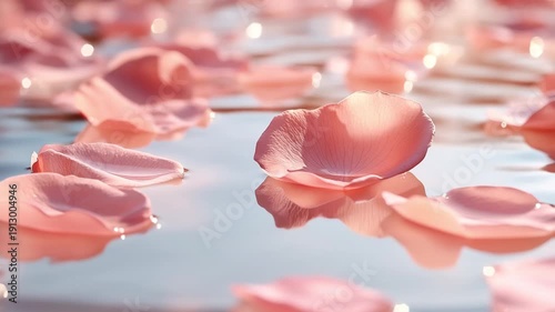 Floating Pink Flower Petals on Calm Water Surface Close Up Macro Shot