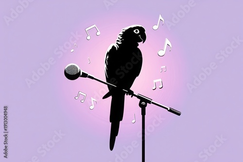 A creative parrot performing with musical notes floating around it