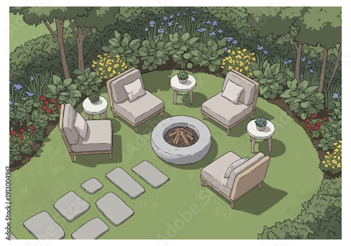 Outdoor Seating Arrangement For Garden Relaxation With Fire Pit And Lush Greenery Perfect For Backyard Living And Evening Gatherings furniture icons