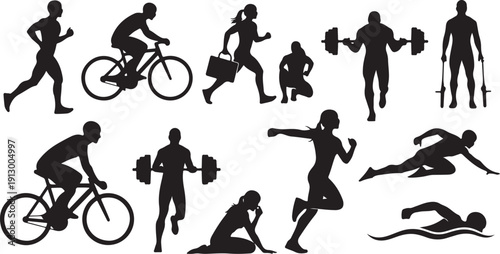Silhouettes of people engaging in various fitness activities together