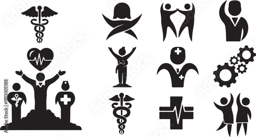 Medical and healthcare symbols and icons in black silhouette