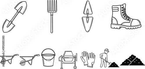 Gardening and construction tools line icon set including shovel fork trowel wheelbarrow gloves bucket cement mixer worker vector illustration