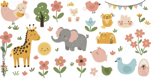 Seamless pattern collection featuring a cute vector set of funny cartoon zoo and jungle animals like a lion, elephant, and bear for baby pet design