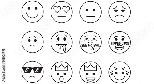 A set of various emoticon faces expressing different emotions and reactions in black and white.