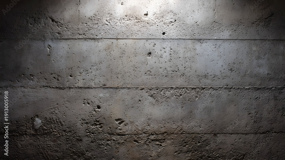 Obraz premium A detailed textured concrete wall with prominent horizontal lines and rough surfaces illuminated by dramatic overhead lighting