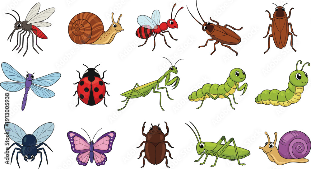 Obraz premium Cute Cartoon Insects and Bugs Vector Set for Kids Education, Biology Learning, Stickers, Games, and Fun Nature Themed Graphic Design Projects