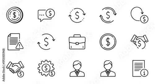 Collection of black line icons related to business, finance, and money