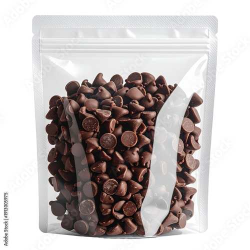 Fresh dark chocolate chips spilling from resealable plastic bag on white background for baking and dessert recipes