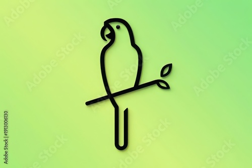 A stylized black and white illustration of a parrot perched on a branch