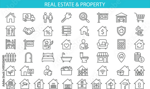 Real estate and property line icon set featuring house, mortgage, rent, sale, insurance and home services symbols isolated vector illustration