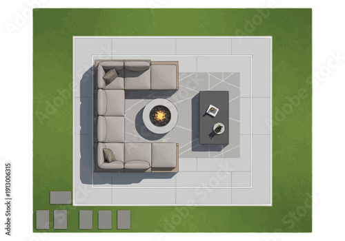 Modern Outdoor Gathering Space With Sectional Seating And Fire Pit Detailed Aerial View Showing Patio Layout and Lawn Surround furniture icons top