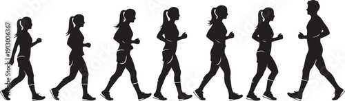 Silhouette of people running in different poses and motions