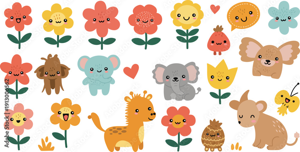 Obraz premium A collection of funny vector illustrations featuring a cute set of cartoon zoo and safari animals like a lion, bear, tiger, elephant, and pet cat or dog character for a baby icon set
