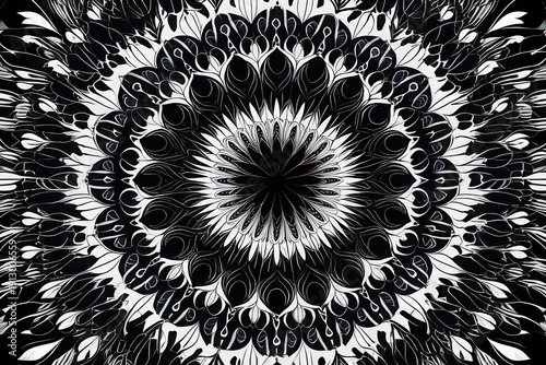 Intricate black and white spiral mandala pattern evoking symmetry and hypnotic design