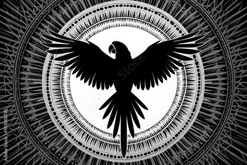 Mysterious phoenix rising from a labyrinth of intricate patterns against a dark background