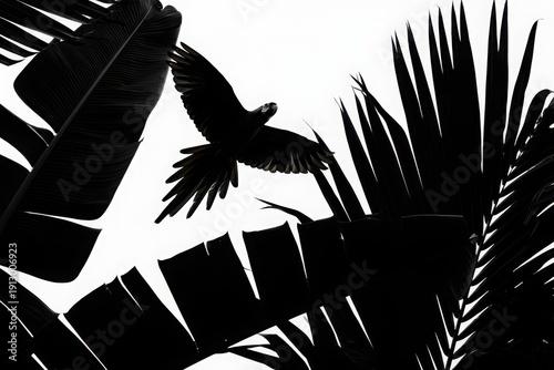 Silhouette of a bird in flight amidst tropical palm fronds under moonlight