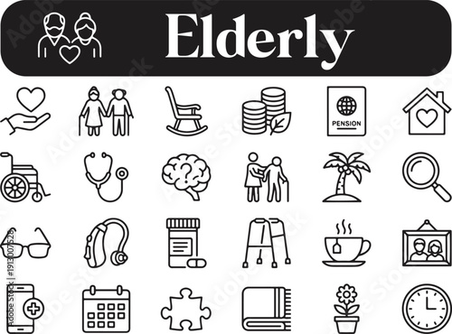 Elderly care and health icons set including senior people wheelchair and caregiver on transparent background