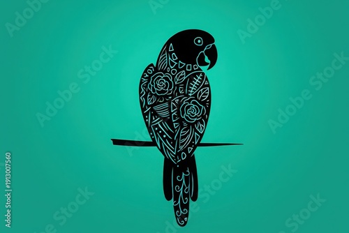 Intricate black and white parrot perched on a minimalist branch against a teal backdrop