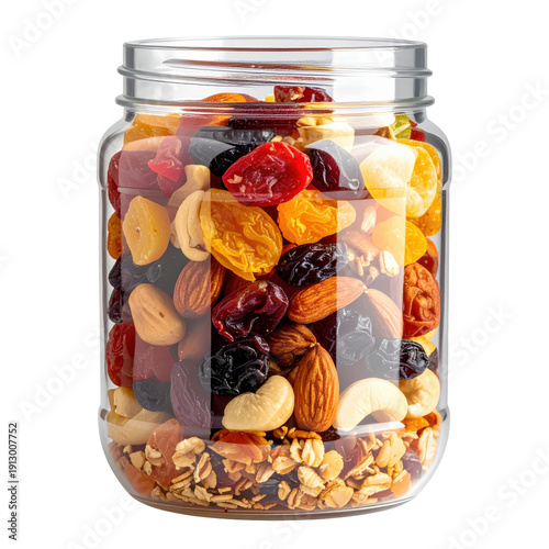 Assorted dry fruits and nuts mix in clear glass jar for healthy snack and superfood concept