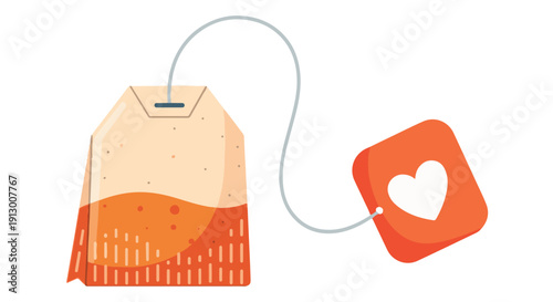 An illustration of a tea bag with a heart shaped tag on a string, symbolizing love and care in a warm beverage