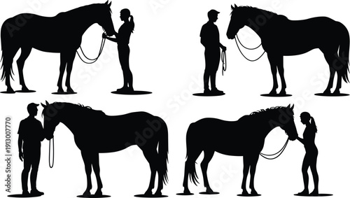 Horse and handler silhouettes set isolated on white background equestrian training animal vector illustration collection