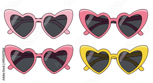 Four heart shaped sunglasses in pink and yellow on white background