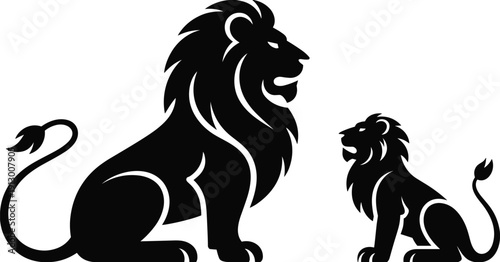 Lion and cub silhouettes isolated on white background wildlife family animal vector illustration design