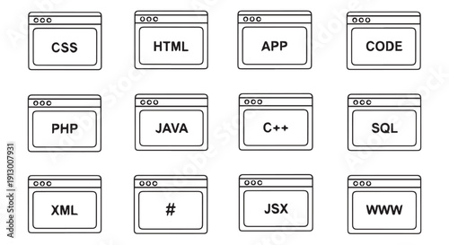 Set of various programming language icons on browser windows, including CSS, HTML, APP, CODE, PHP, JAVA, C++, SQL, XML, #, JSX, WWW, for coding and web development.