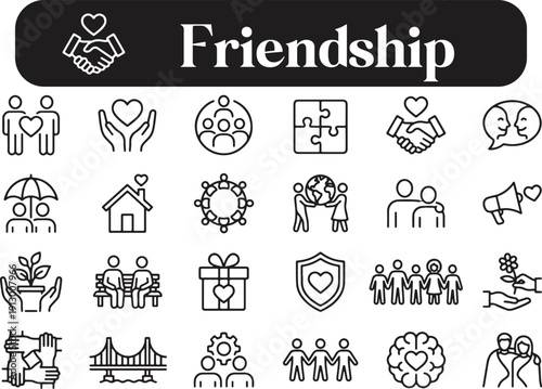 Collection of black line icons representing friendship concepts on transparent background