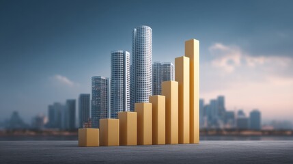 Golden Bar Graph Rising High Against Modern City Skyline Illustrating Growth, Success, Business Progress, and Financial Achievement