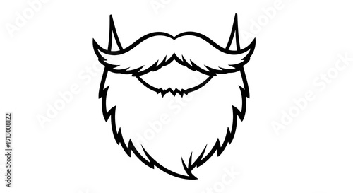 A minimalist illustration of a beard with a mustache and horns on a white background.