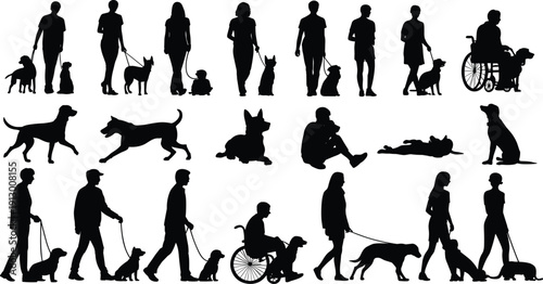 People walking dogs silhouettes collection isolated on white background pet lifestyle vector illustration set