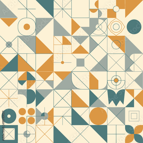 Geometric shapes in orange and blue.