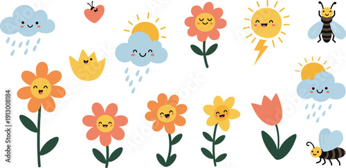 Cute spring nature illustration featuring a seamless floral pattern with tulips, cartoon butterflies, bees, and ladybugs in a summer garden design set with hearts and green leaves