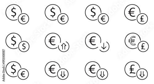 Set of simple currency exchange icons featuring dollar, euro, and pound symbols for financial concepts.