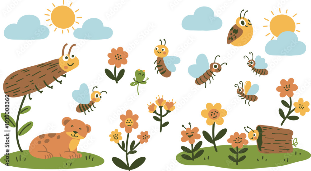 Naklejka premium Vector illustration set of funny cartoon animals featuring a seamless pattern with baby jungle and farm characters like a lion, elephant, cow, and cat for nature-themed art