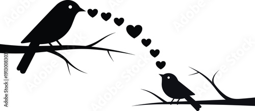 Two birds in love silhouette with heart shapes isolated on white background romantic vector illustration for wedding and valentine design