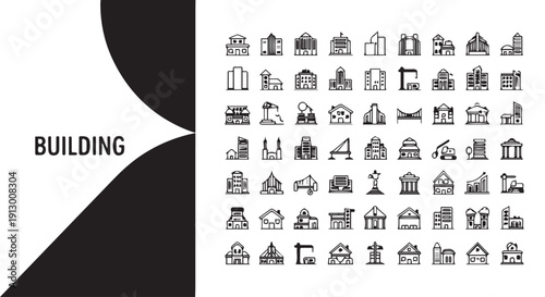Collection of 50 black and white building icons on white background, ideal for architecture and construction projects.