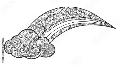 Intricately designed curved sword emerging from a cloud with ornate patterns.