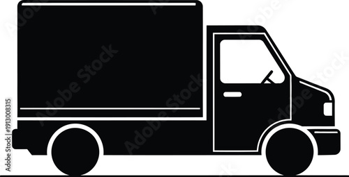 Single black courier truck in minimal flat vector style on road
