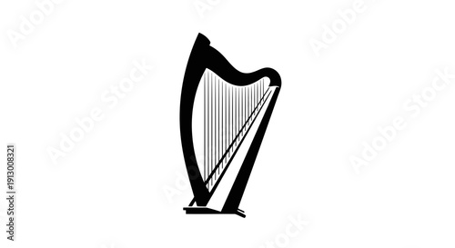 A simple black and white illustration of a harp on a white background.