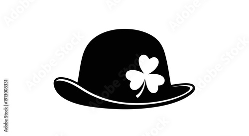 A black bowler hat with a white shamrock emblem on the front.